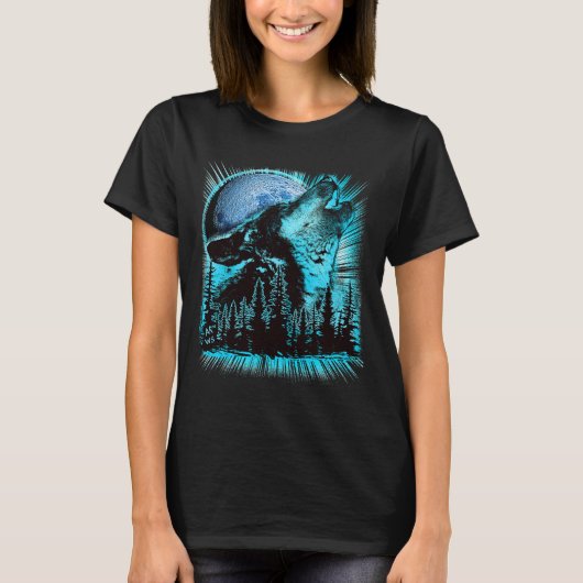 Howling Wolf Moon Pine Forest Cool Tシャツ (正面)