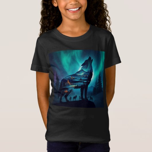 Howling Wolf Silhouette Auror Borealis Tシャツ (正面)