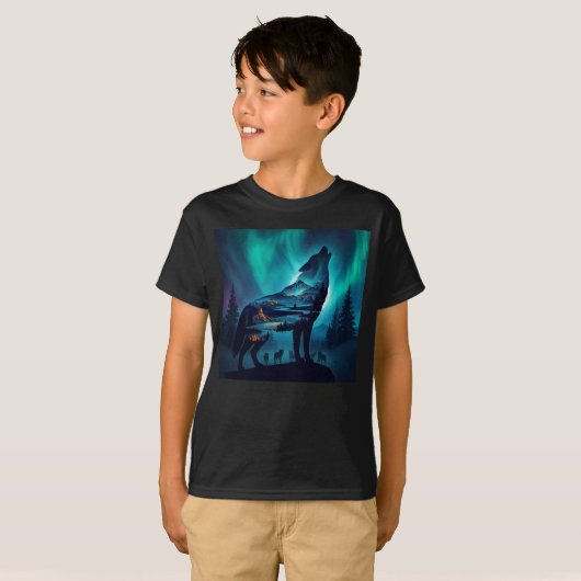 Howling Wolf Silhouette Auror Borealis Tシャツ (正面フル)