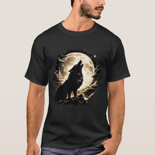 Howling Wolf Under Full Moon Mystical Nature Desig Tシャツ (正面)