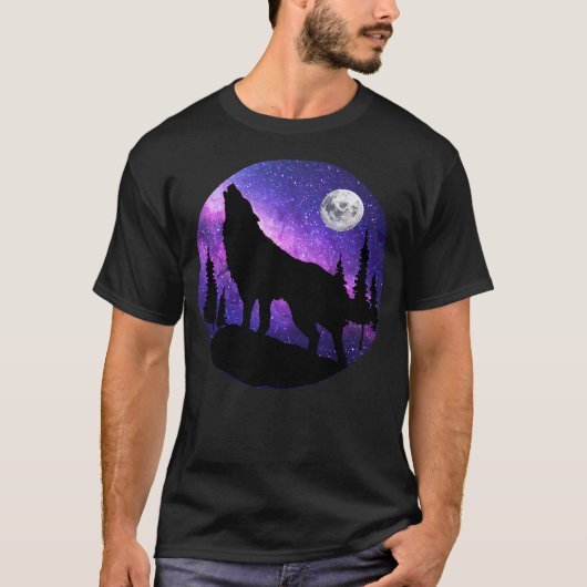 Howling Wolf Under The Full Moon With Purple Galax Tシャツ (正面)