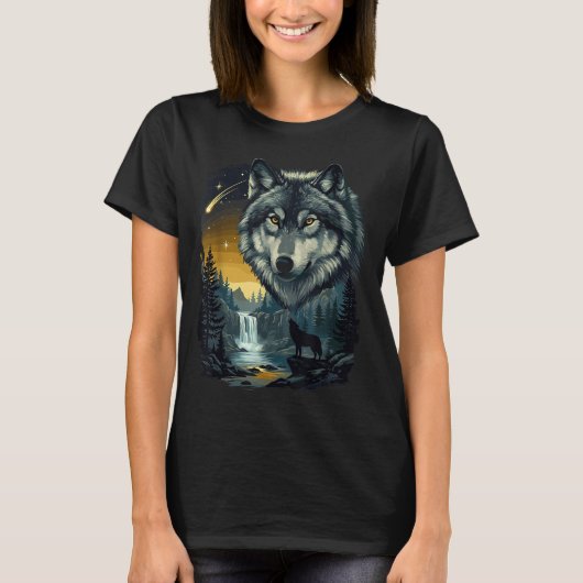 Howling Wolf Waterfall Scene For Nature Lovers And Tシャツ (正面)