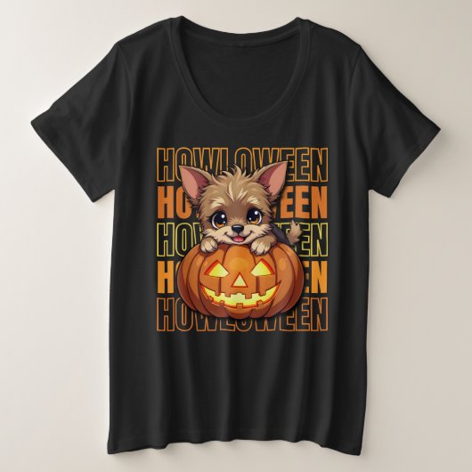 HOWLOWEEN -ヨークシャーテリアラバーズハロウィーン プラスサイズTシャツ (デザイン正面)