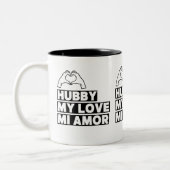 Hubby Modern Honeymoon White Script Black ツートーンマグカップ (左)