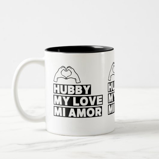 Hubby Modern Honeymoon White Script Black ツートーンマグカップ (左)