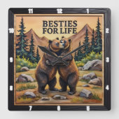 Hugging Bears Brown Meadow スクエア壁時計 (正面)