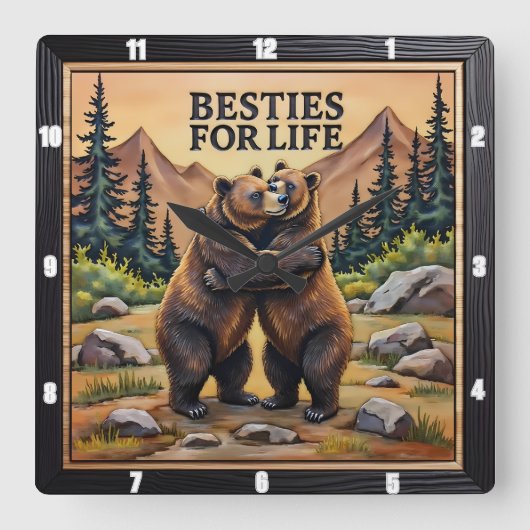 Hugging Bears Brown Meadow スクエア壁時計 (正面)
