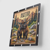 Hugging Bears Brown Meadow スクエア壁時計 (傾斜)