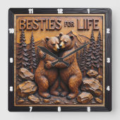 Hugging Bears Forest Brown スクエア壁時計 (正面)