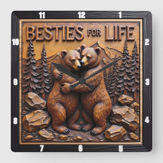 Hugging Bears Forest Brown スクエア壁時計 (正面)