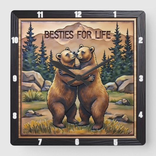 Hugging Bears Mountain Valley スクエア壁時計 (正面)