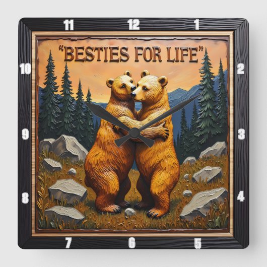 Hugging Bears Rocky Mountain Sunset スクエア壁時計 (正面)