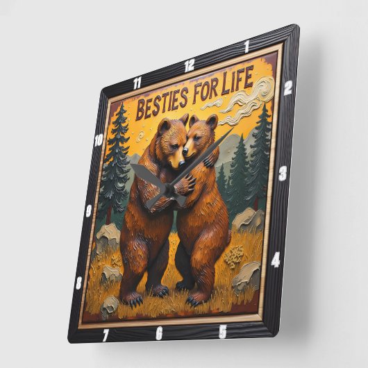 Hugging Bears Sunset Forest スクエア壁時計 (傾斜)