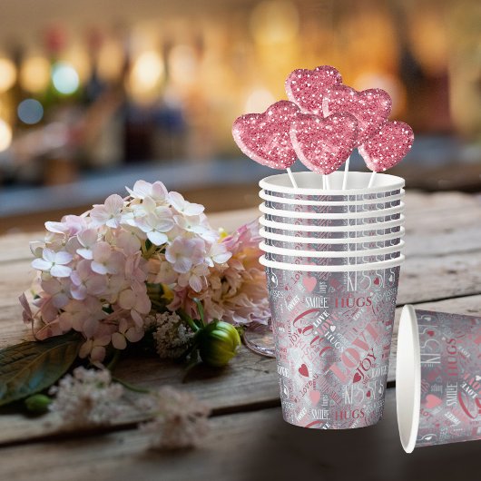Hugs and Kisses Word Cloud Pink/Silver ID286 紙コップ