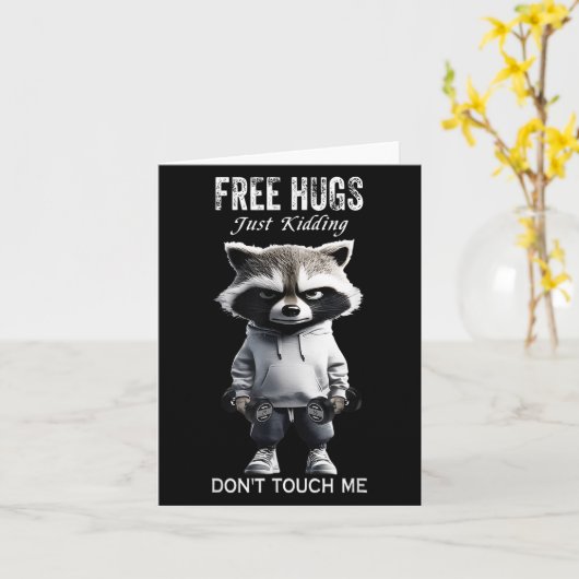 Hugs Just Kidding Don't Touch Me Racoon Workout Gy カード (黄色い花)