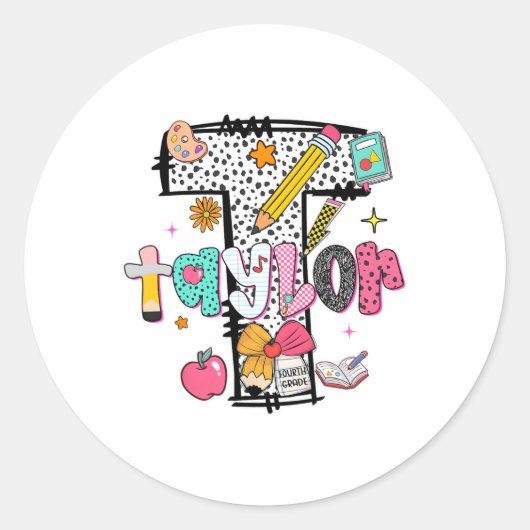 Hugvyn Back To School Taylor Name Fourth Grade Tea ラウンドシール (正面)