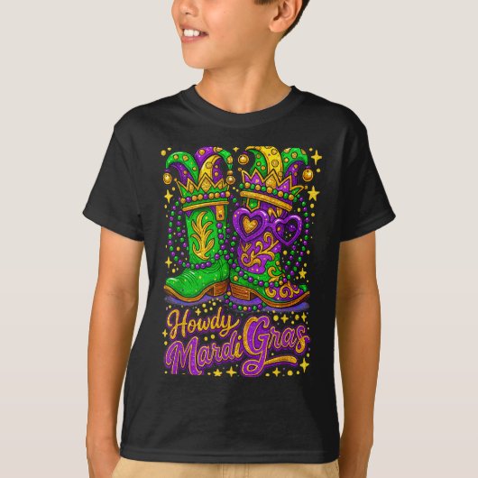 Hugvyn Howdy Mardi Gras Western Boot Cowgirl Louis Tシャツ (正面)