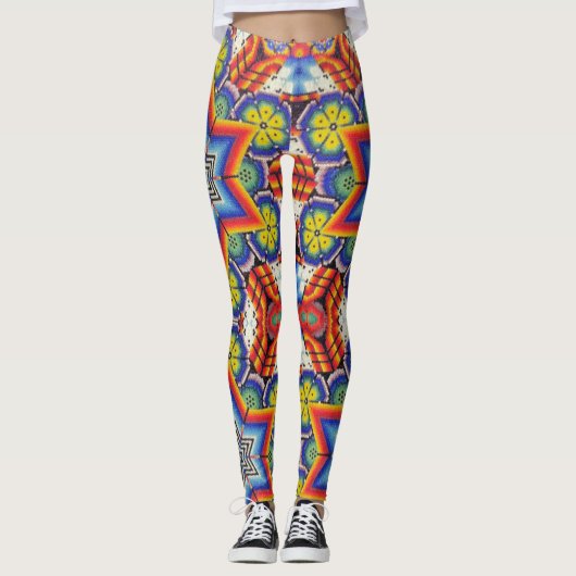 Huichol Beadworkメキシコフォーク – アートビーズワークヨガ レギンス (正面)