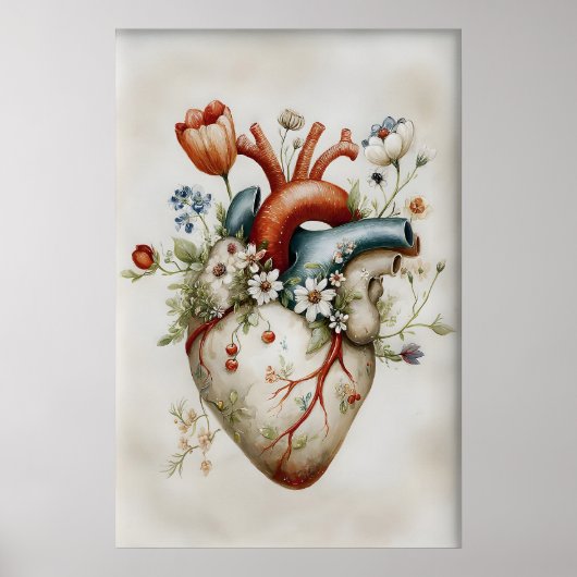 Human Heart Flowers Print, Anatomical Vintage ポスター (正面)