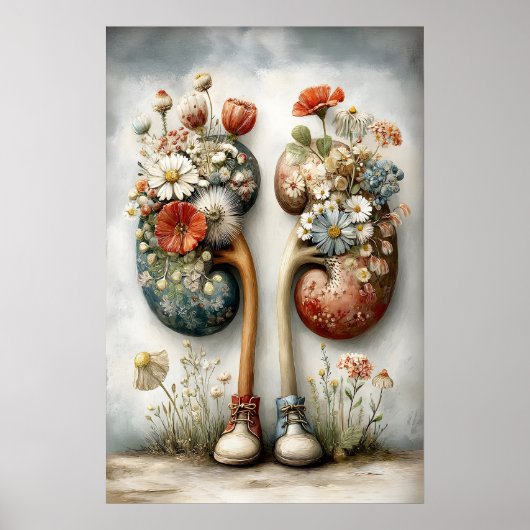 Human Kidney With Flowers Print, Anatomy Boho ポスター (正面)