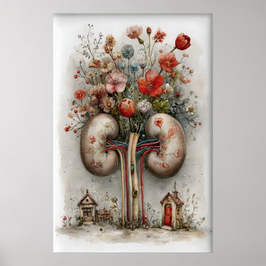 Human Kidney With Flowers Print, Anatomy Painting ポスター (正面)