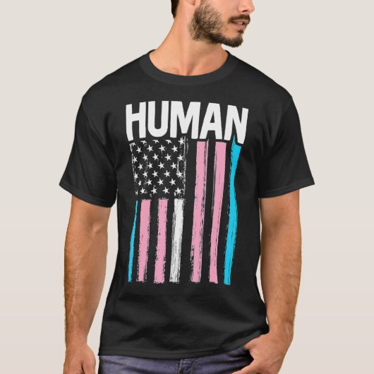 Human Rainbow Us Flag LgbtがトランスジェンダーPriをサポート Tシャツ (正面)