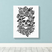 Human Skull Roses Goth Biker Art Illustration キャンバスプリント (インサイチュ (ウッドフロア))