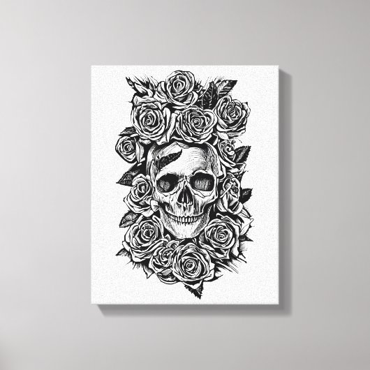 Human Skull Roses Goth Biker Art Illustration キャンバスプリント (正面)
