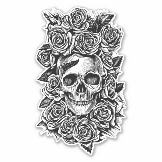 Human Skull Roses Goth Biker Art Illustration   シール (正面)