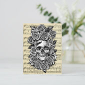 Human Skull Roses Goth Biker Art Illustration ポストカード (スタンド正面)