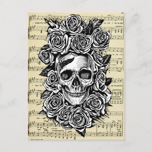 Human Skull Roses Goth Biker Art Illustration ポストカード (正面)