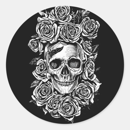 Human Skull Roses Goth Biker Art Illustration  ラウンドシール (正面)