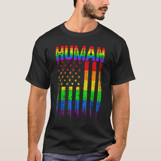 Human USA Flag LGBT Gay Pride Month Rainbow Suppor Tシャツ (正面)