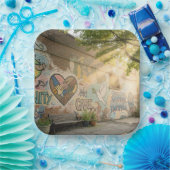 Humanity Symbolic Graffiti On Brick Wall Mural ペーパープレート (パーティー)