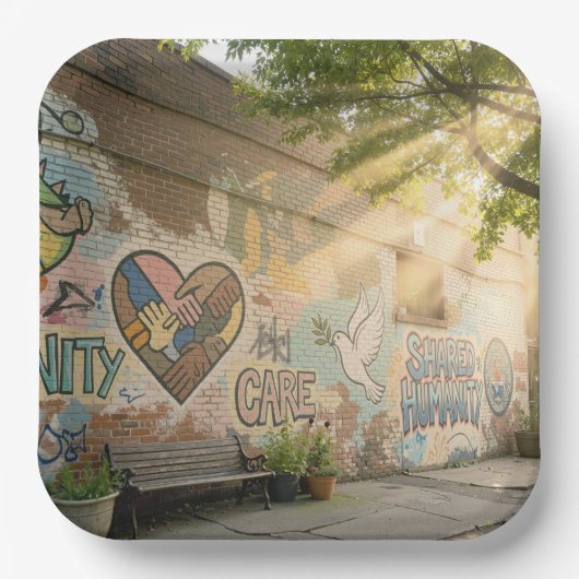 Humanity Symbolic Graffiti On Brick Wall Mural ペーパープレート (正面)