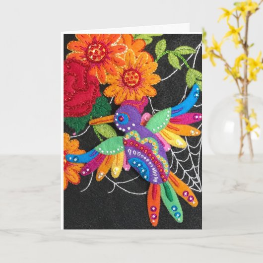 Hummiingbird Felt Sequin Beads Stitched Pretty  カード (黄色い花)