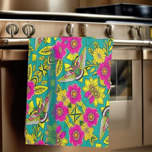 HUMMINGBIRDと花 キッチンタオル