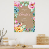 Hummingbirdピンクガールズ1stバースデーウェルカムサイン ポスター (キッチン)