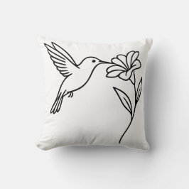 Hummingbird and Flower – Minimalist Black Line Art クッション
