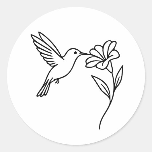 Hummingbird and Flower – Minimalist Black Line Art ラウンドシール (正面)