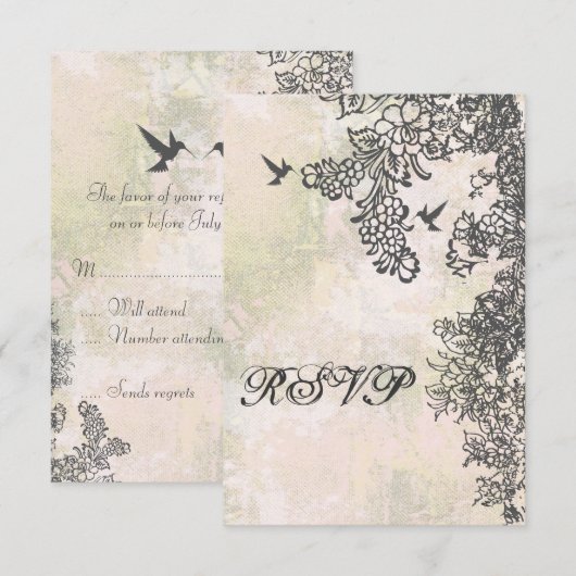 Hummingbird and Flowers Wedding RSVPカード (正面/裏面)