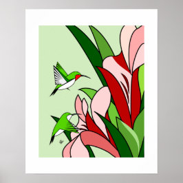 Hummingbird and PInk Flowers Stylized Art Poster ポスター