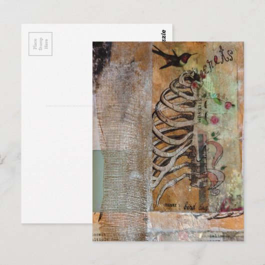 Hummingbird and ribcage mixed media collage ポストカード (正面/裏面)