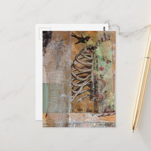 Hummingbird and ribcage mixed media collage ポストカード (正面/裏面インサイチュ)