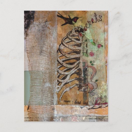 Hummingbird and ribcage mixed media collage ポストカード (正面)