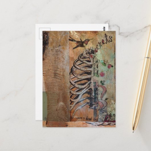 Hummingbird and ribcage secret mixed media collage ポストカード (正面/裏面インサイチュ)