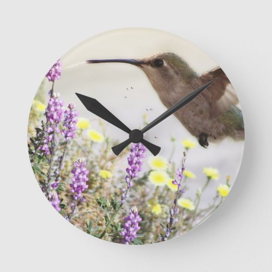 Hummingbird and Wildflowers Digital Art ラウンド壁時計 (正面)