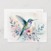 Hummingbird and Wildflowers Watercolor Postcard ポストカード (正面/裏面)