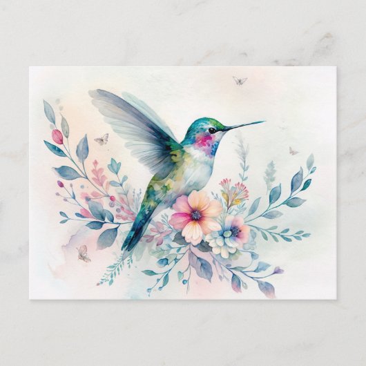 Hummingbird and Wildflowers Watercolor Postcard ポストカード (正面)
