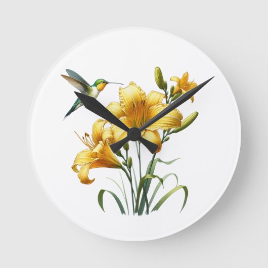 Hummingbird and Yellow Lilies Round Clock ラウンド壁時計 (正面)